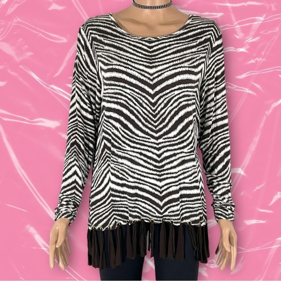 Michael Kors Zebra Print Top With Fringe Bottom - Size L - Picture 1 of 7